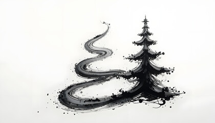 Elegant monochrome painting of a pine tree with a winding path, perfect for winter holiday promotions or adding an artistic touch to seasonal designs
