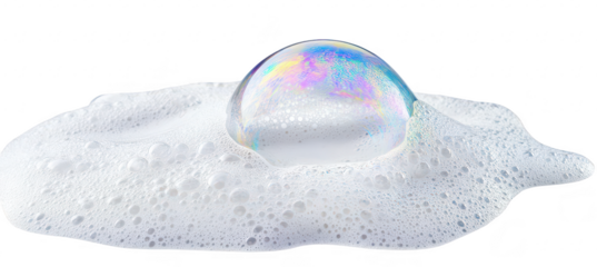 A close-up view of a colorful soap bubble resting on a layer of frothy soap suds. reflections and textures. ideal for illustrating cleanliness or fun in promotional materials