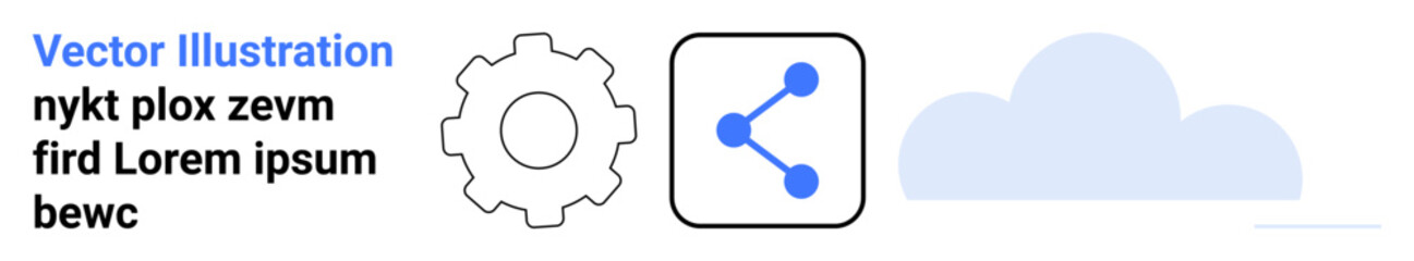 Technology, cloud computing, data sharing, network, innovation, system development. Gear icon with connection graph and cloud symbol. Technology and cloud computing concept