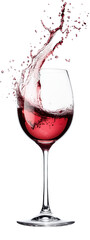 A close-up of a wine glass filled with red wine. featuring a splash effect as the liquid is poured. set against a plain white background. ideal for beverage-related marketing or culinary use