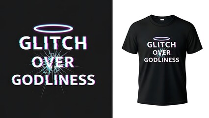 Glitch over faith cybernetic typography with shattering halo and digital distortion effect vector graphic design