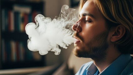 Man exhaling a large cloud of white smoke with a bookshelf visible in the blurred background view