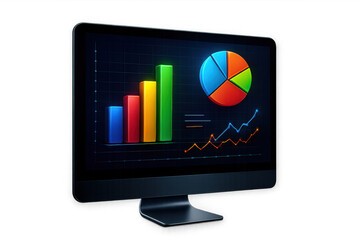 Computer monitor displaying financial data analysis, business growth charts, pie graphs, and stock market trends on transparent background