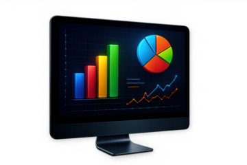Computer monitor displaying financial data analysis, business growth charts, pie graphs, and stock market trends on transparent background