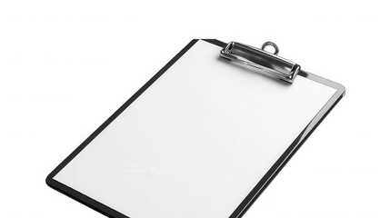 A close up shot of a clipboard with a blank white sheet of paper against a black background space on transparent background