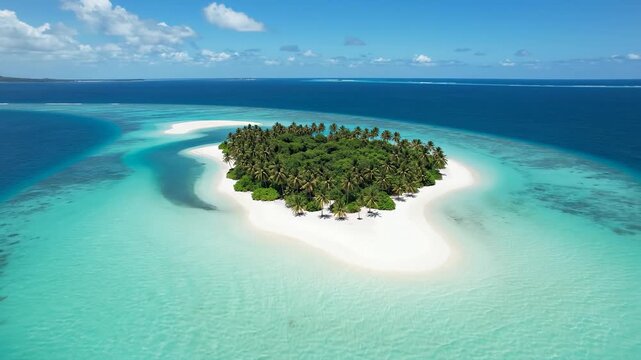 Aerial view of a heart-shaped tropical island with white sand beaches and turquoise water surrounded by deep blue ocean under a clear sky.