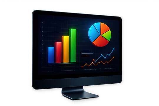 Computer monitor displaying financial data analysis, business growth charts, pie graphs, and stock market trends on transparent background - Powered by Adobe