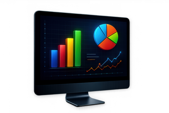 Computer monitor displaying financial data analysis, business growth charts, pie graphs, and stock market trends on transparent background - Powered by Adobe