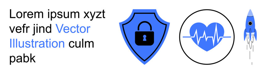 Digital security, health monitoring, innovation, technology concepts, data protection, futuristic designs. Includes a security shield with lock icon, heartbeat icon and a rocket image. Digital