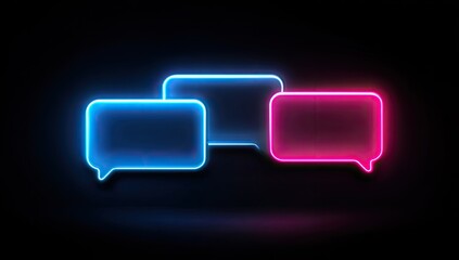 Glowing neon speech bubbles in blue and pink on a dark background