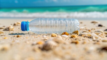 A plastic bottle lies on a sandy beach, surrounded by shells, with the ocean waves gently rolling in the background.