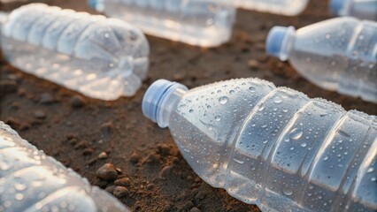 Scattered water bottles with droplets on a sandy surface, highlighting environmental pollution and single-use plastic waste.