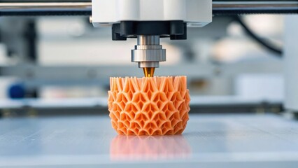3D printer creating a honeycomb structure in a modern workspace, showcasing advanced technology and design.