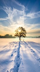 Winter sunrise on a snowy field with a lone tree