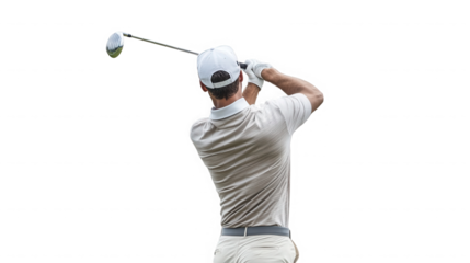 A golfer in mid swing wearing a white cap and light colored clothes against a black background outdoors on transparent background
