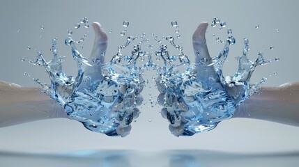 3D rendering of two hands with thumbs up made of water, isolated on a grey background, with a blue color scheme, splash effect, water drops, and splashes.