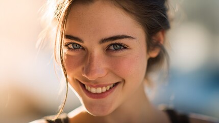 Radiant Smile: A portrait of a young woman's face, her bright eyes and genuine smile radiate warmth and happiness, conveying a sense of optimism and positivity.