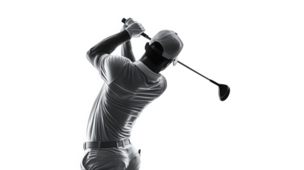 A golfer in mid swing wearing a cap and gloves against a stark black background in monochrome style on transparent background