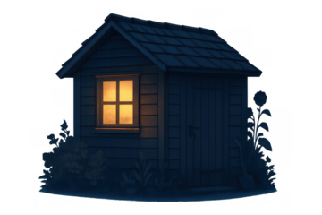 Cozy garden shed with warm light glowing from window at night, offering a peaceful, isolated retreat, transparent background