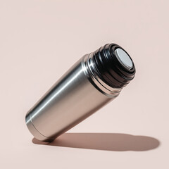 Silver stainless steel thermos bottle with black cap casting a shadow on a light pink background