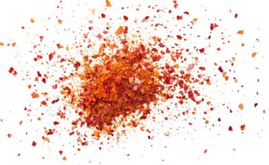 A pile of crushed red chili flakes scattered across a clean white surface. the rich colors and textures. ideal for culinary use or spice-related imagery