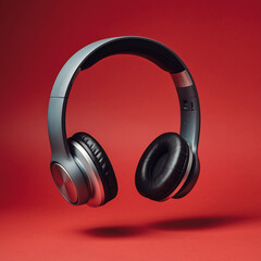 High-fidelity audio headphones floating in mid-air against a vibrant red background, showcasing sleek design and modern technology