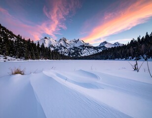 Winter sunrise over frozen lake, snow-dusted peaks