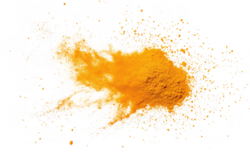 A explosion of yellow turmeric powder against a white background. its fine texture and rich color. ideal for culinary or health-related stock photography