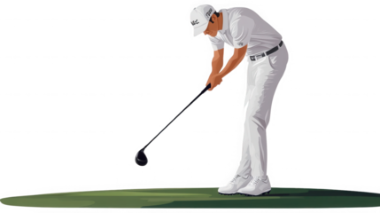 A golfer in white preparing to swing a golf club on a green surface with a black background behind him on transparent background