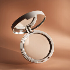 Floating compact powder case with mirror and beige makeup product, highlighting modern cosmetic design and essential beauty for a flawless complexion
