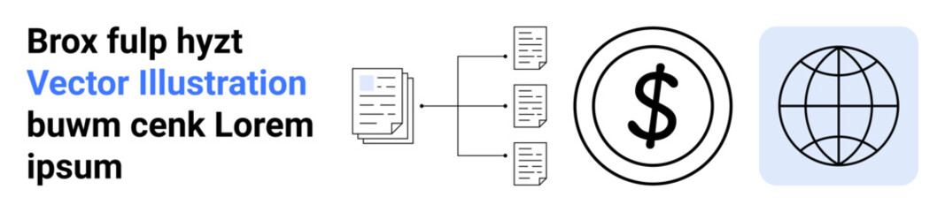 Technology, data organization, financial systems, global trade, online transactions, networking. Minimalist icons documents, dollar symbol and a globe. Data organization and financial systems