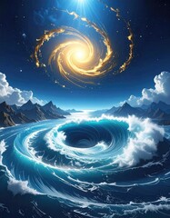 Vortex sea with swirling star above