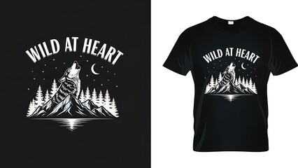 Wild at heart howling wolf mountains pine forest moon night scene vector t shirt design