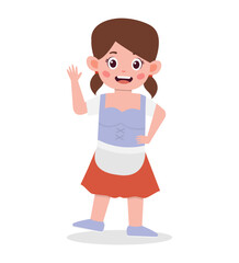 A smiling young girl in a blue apron and orange skirt waves her hand.