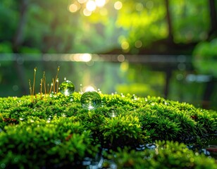 Dewy moss patch in a sunlit forest