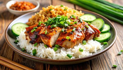Glazed chicken on rice, food dish