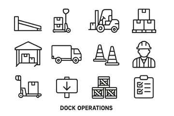 Truck vector operations loading backing icons crates pallet stack ramp dock icon