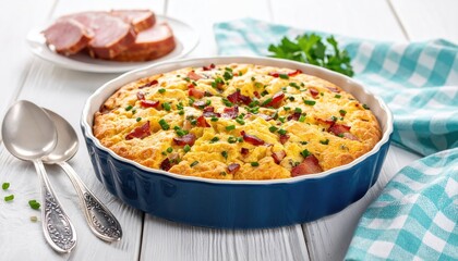 Baked quiche with meat on white wood