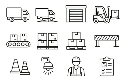 Vector ramp door logistics belt dock worker set pallets cargo loading icon