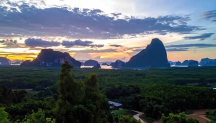 Tropical landscape at dusk horizon