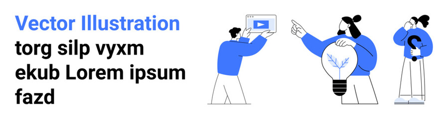 Group sharing ideas, pointing at concepts, and showcasing video content on a tablet. Ideal for teamwork, creativity, content creation, brainstorming, marketing strategy, education simple landing