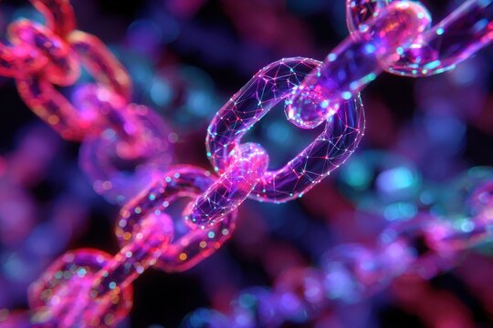 Innovative blockchain technology visualizes interconnected links with vibrant colors in a futuristic setting - Powered by Adobe