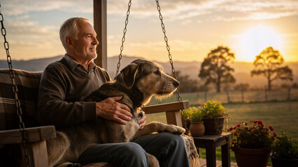 Caucasian man and dog sitting on porch swing watching scenic sunset. Senior male enjoying calm evening with pet. Relaxation and companionship concept.