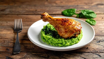 Roasted chicken leg on green puree