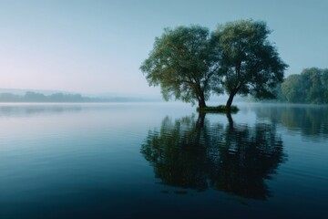 Serene landscape featuring two trees reflected in calm water during early morning light surrounded by mist and tranquility