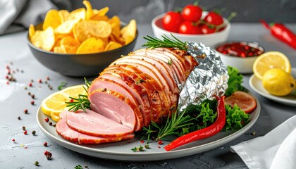 Sliced ham platter with sides
