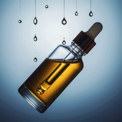 A golden elixir in a sleek dropper bottle, surrounded by falling liquid drops, represents the concentrated essence of natural beauty and advanced skincare solutions