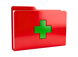 Fototapeta premium Red file folder with green medical cross symbol representing health records isolated on transparent background