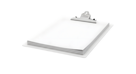 White clipboard with blank paper sheets stacked up for notes isolated on transparent background