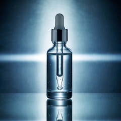 Clear liquid serum in a glass dropper bottle with a metallic cap, reflecting on a glossy surface under dramatic blue lighting